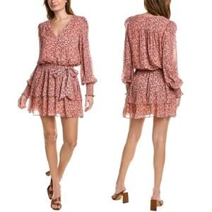 NWT Ramy Brook Xian Floral Tiered Tie Waist Long Sleeve Mini Dress Orange Small